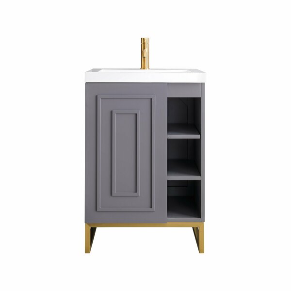 James Martin Vanities Alicante 24in Single Vanity, Gray Smoke, Radiant Gold w/ White Glossy Composite Stone Top E110V24GSMRGDWG